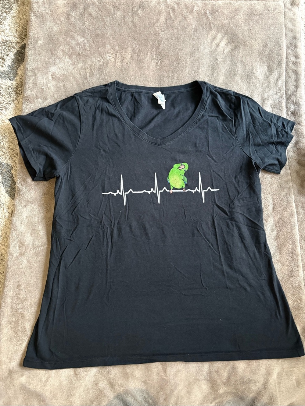 Black V-Neck Tee with Parrot Heartbeat Graphic